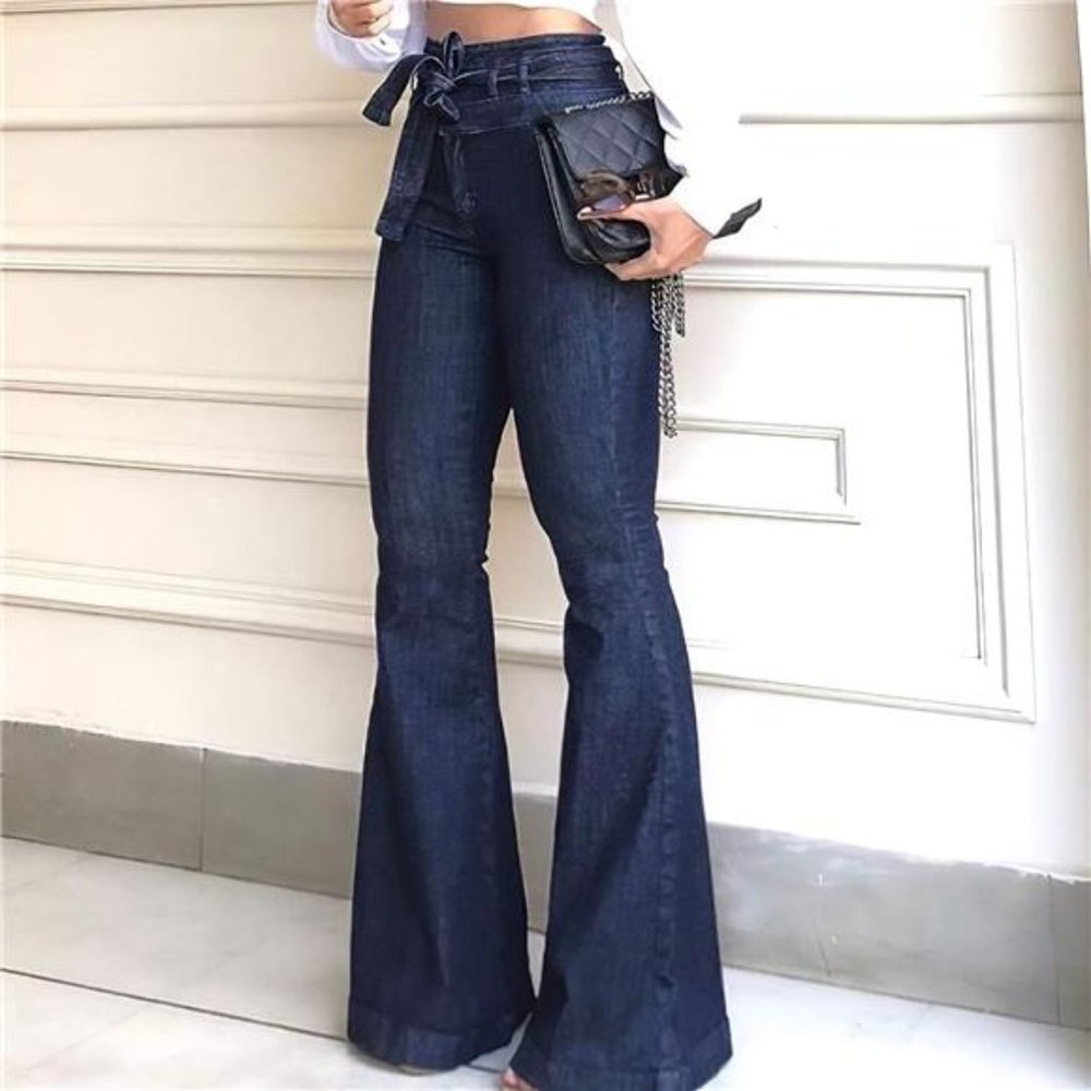 Dark Wash High Waist Bell Bottom Flare Jeans Wide Leg Belted Bow Denim Pants - Picture 1 of 6